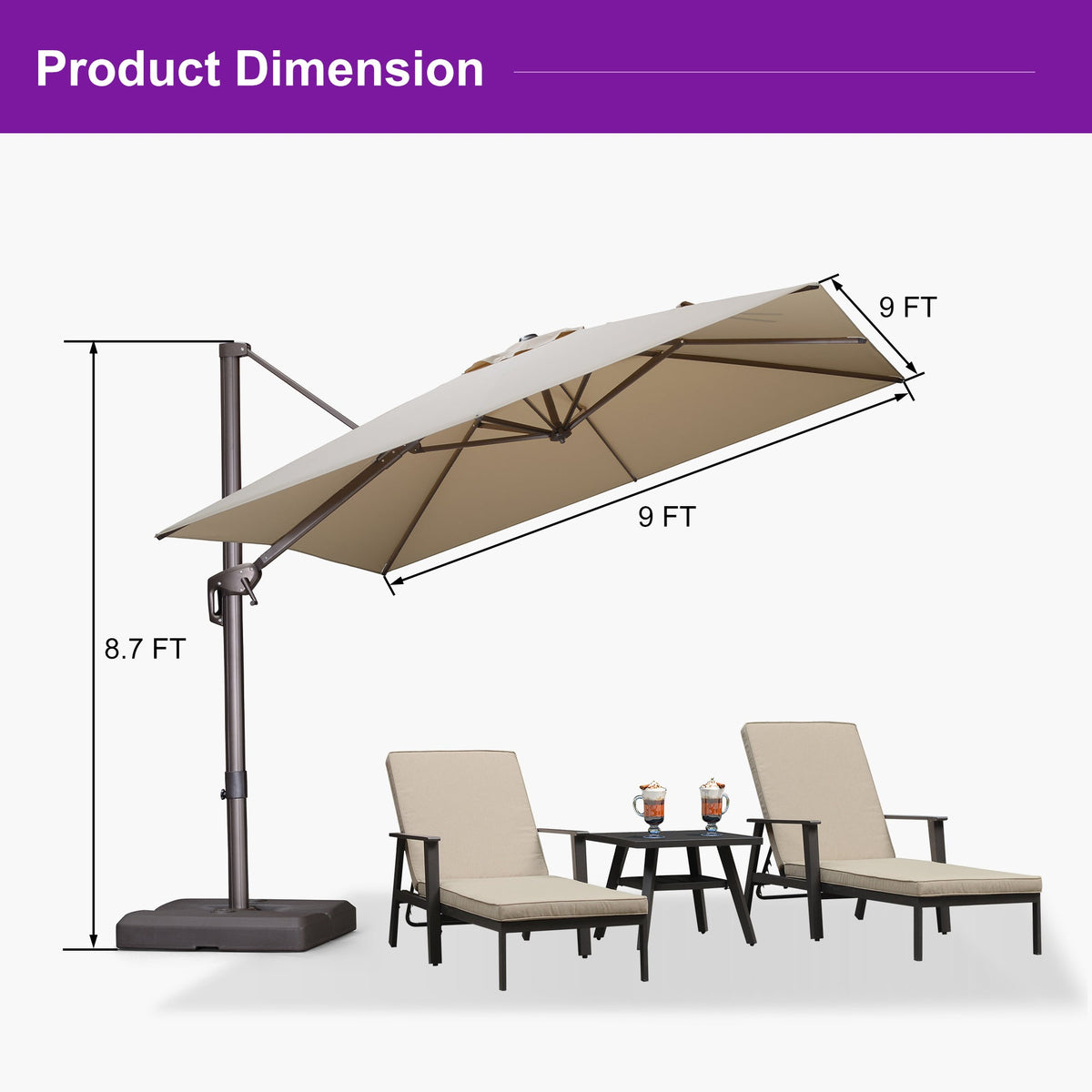 PURPLE LEAF Patio Cantilever Umbrella with Aluminum Offset Hanging for Pool Garden Deck