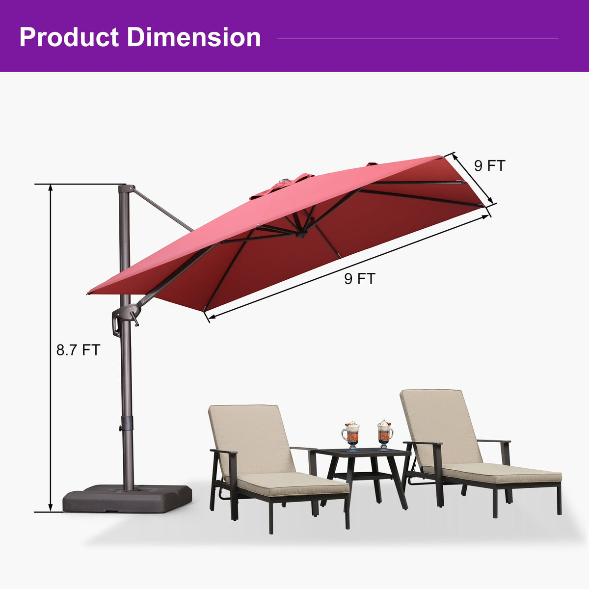 PURPLE LEAF Patio Cantilever Umbrella with Aluminum Offset Hanging for Pool Garden Deck