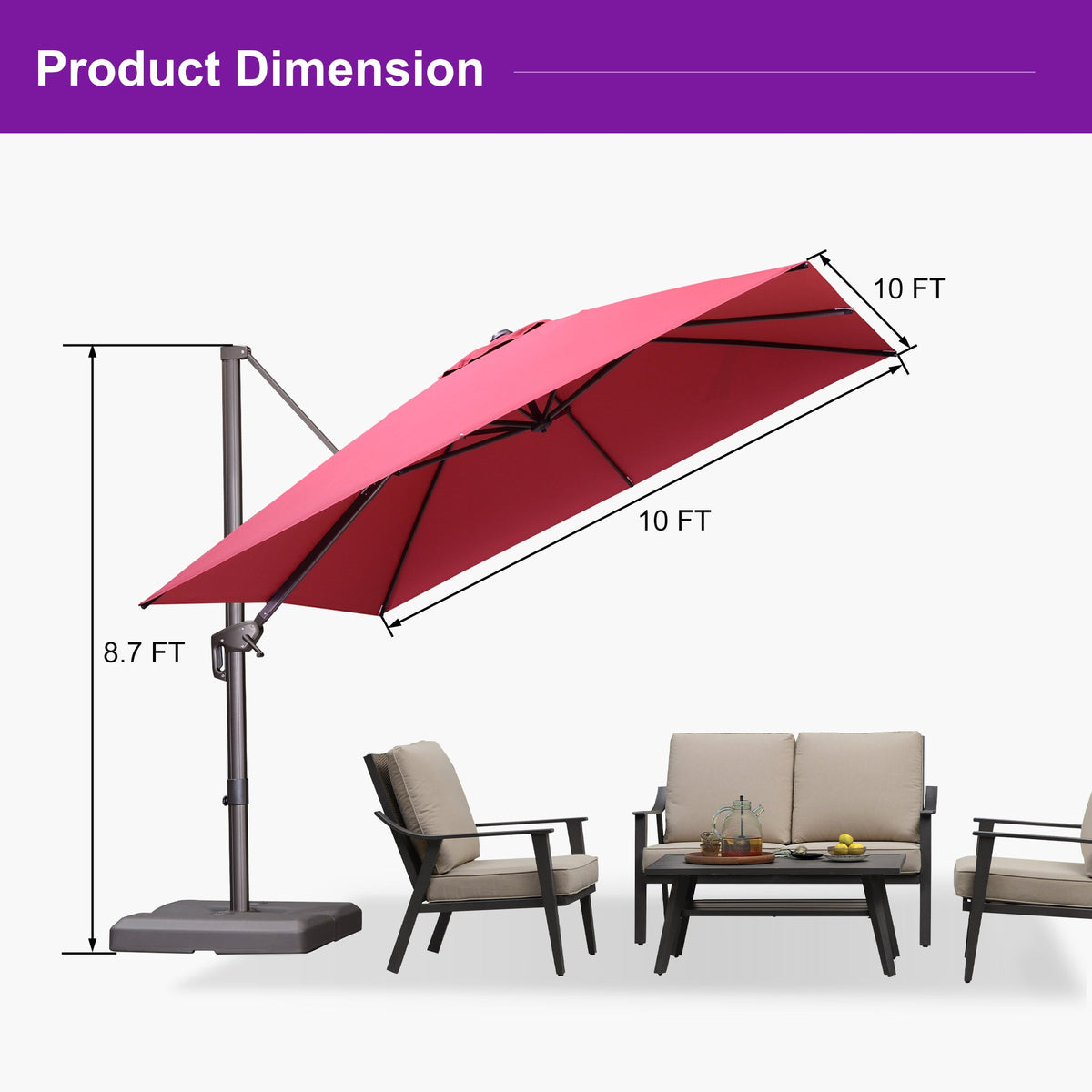 PURPLE LEAF Patio Cantilever Umbrella with Aluminum Offset Hanging for Pool Garden Deck
