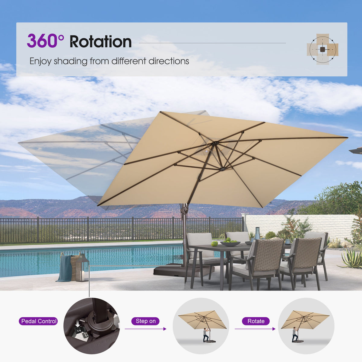 PURPLE LEAF Patio Cantilever Umbrella with Aluminum Offset Hanging for Pool Garden Deck