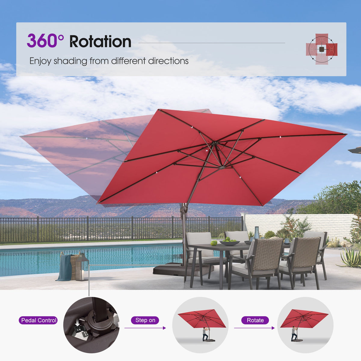 PURPLE LEAF Patio Cantilever Umbrella with Aluminum Offset Hanging for Pool Garden Deck