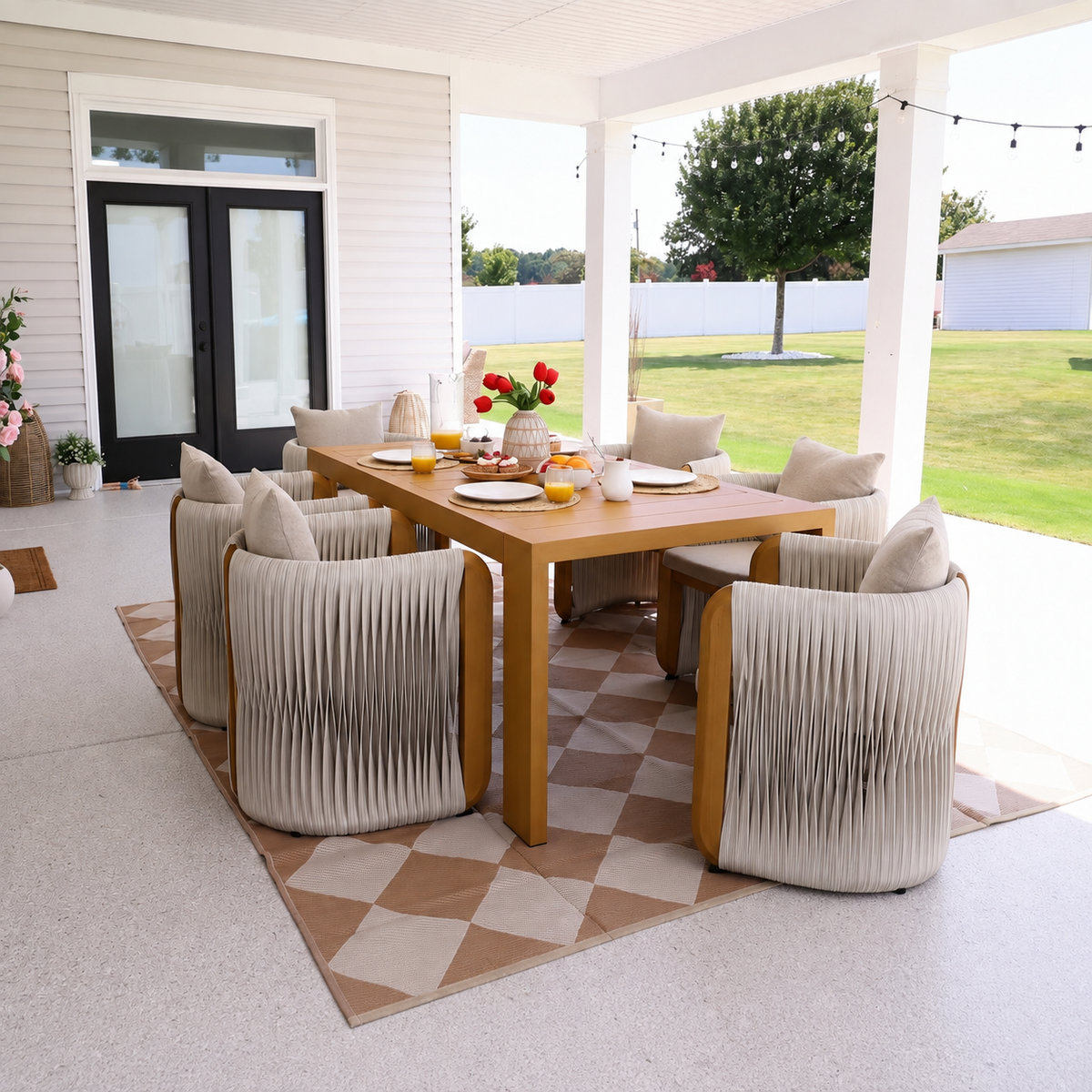 PURPLE LEAF Byron Outdoor Dining Set with Blended Olefin Cushion Aluminum Luxury Patio Furniture Dining Set All Weather Wicker Dining Sets for Backyard Deck, Teak