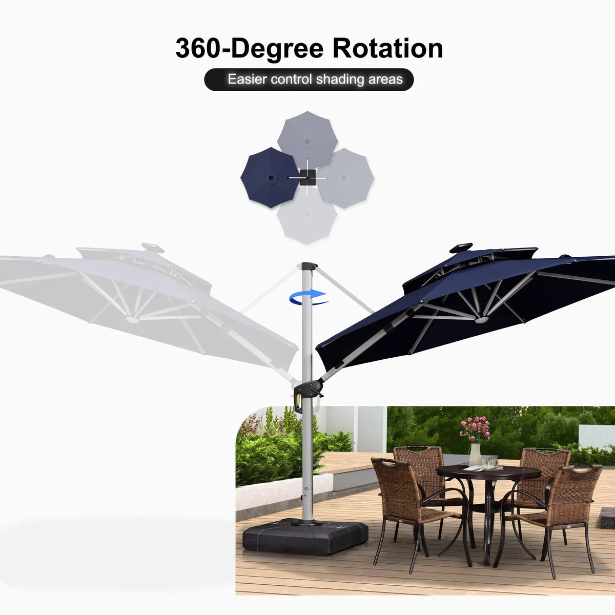 PURPLE LEAF Round Cantilever Umbrella with Base, Outdoor Umbrellas with Lights