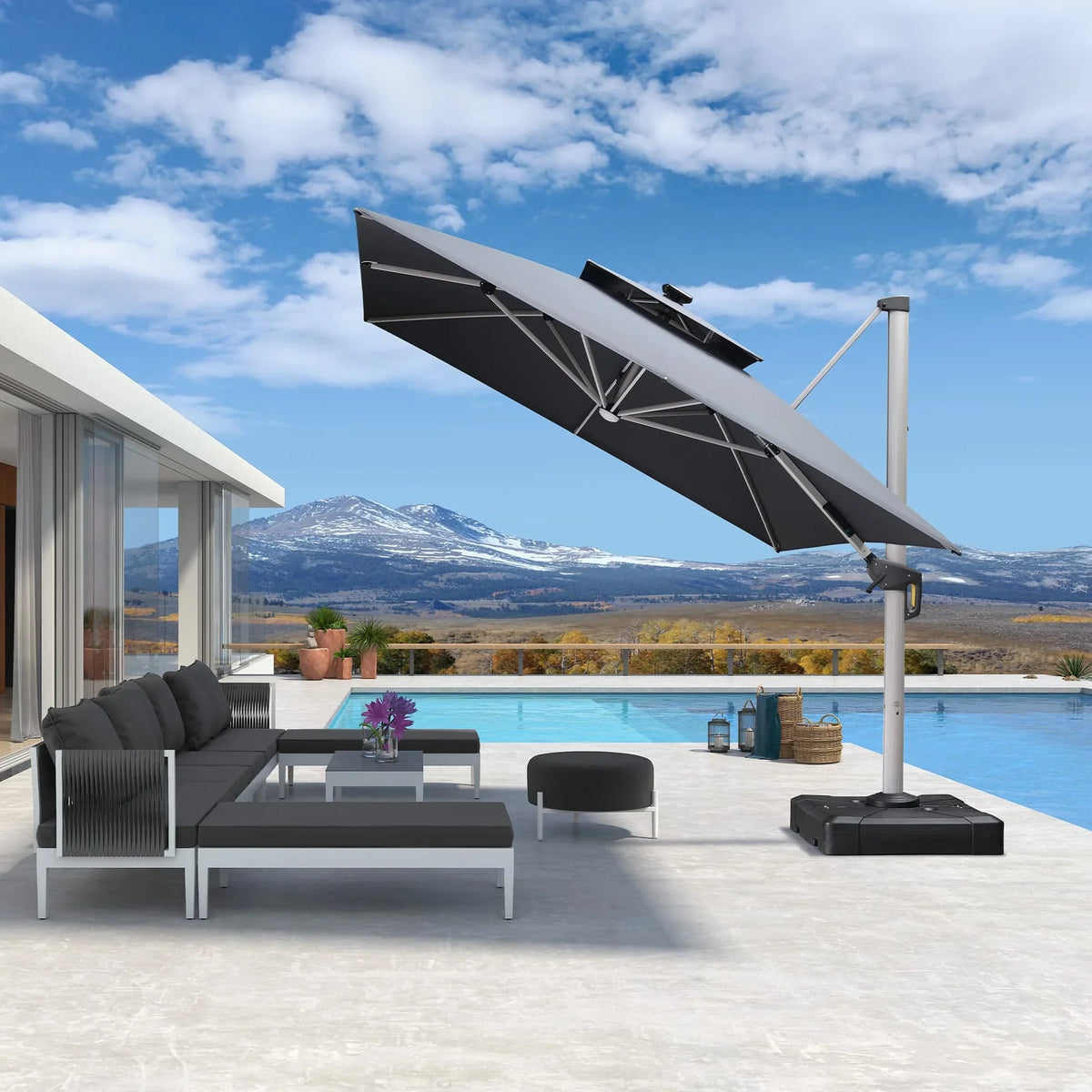 PURPLE LEAF SUNBRELLA Solar Cantilever Umbrella with Lights, Large Umbrellas For Outdoor Patio