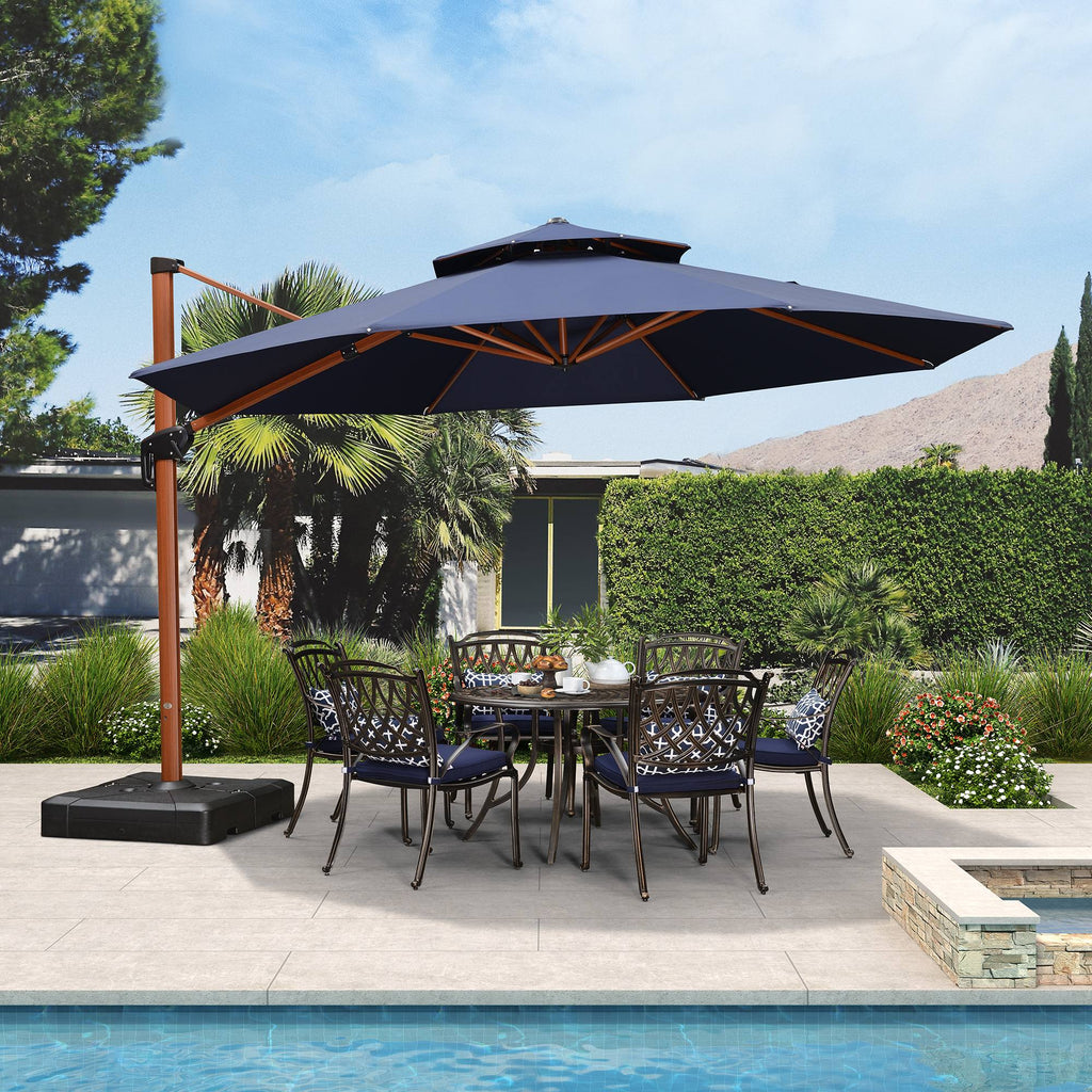 PURPLE LEAF Outdoor Garden Umbrella with Base, Cantilever Umbrellas in Wood Color