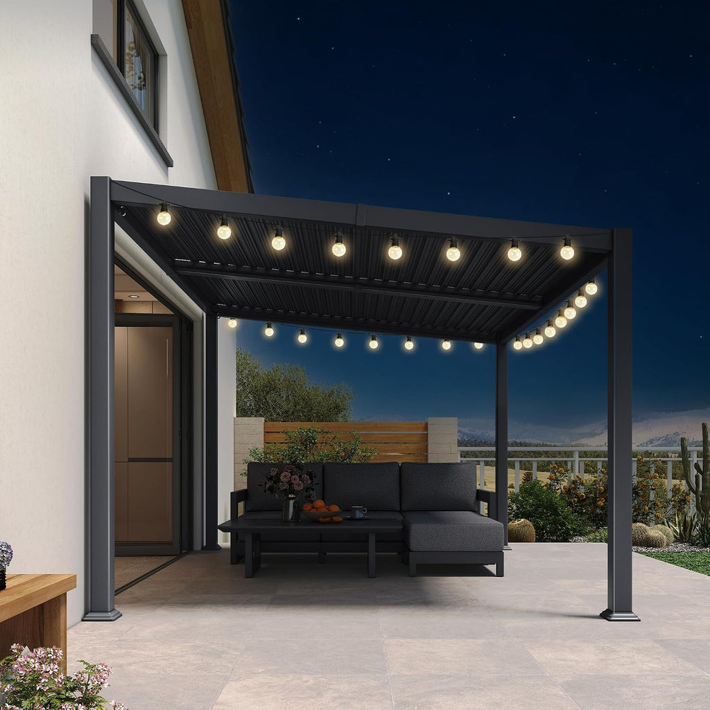 PURPLE LEAF Caesar Hardtop Louvered Pergola with LED String Lights, Slanted Roof Outdoor Aluminum Pergola with Adjustable Rainproof Louvers,Freestanding Patio Gazebo for Backyard Deck, Gray