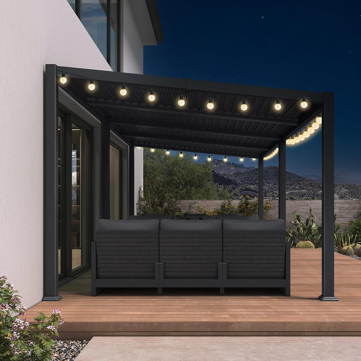 PURPLE LEAF Caesar Hardtop Louvered Pergola with LED String Lights, Slanted Roof Outdoor Aluminum Pergola with Adjustable Rainproof Louvers,Freestanding Patio Gazebo for Backyard Deck, Gray