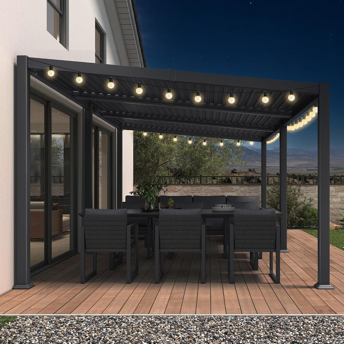 PURPLE LEAF Caesar Hardtop Louvered Pergola with LED String Lights, Slanted Roof Outdoor Aluminum Pergola with Adjustable Rainproof Louvers,Freestanding Patio Gazebo for Backyard Deck, Gray