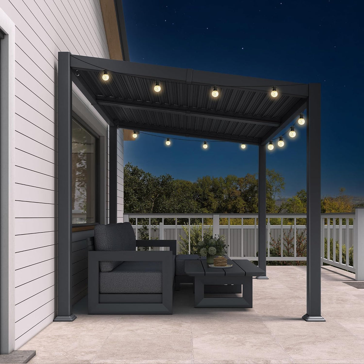 PURPLE LEAF Caesar Hardtop Louvered Pergola with LED String Lights, Slanted Roof Outdoor Aluminum Pergola with Adjustable Rainproof Louvers,Freestanding Patio Gazebo for Backyard Deck, Gray