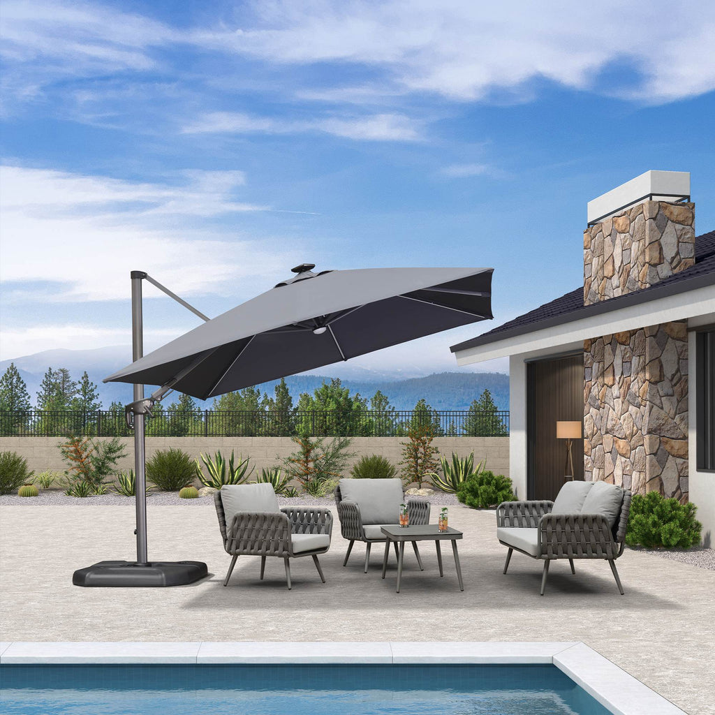 PURPLE LEAF – Parasol de terrasse déporté 10ft avec éclairage LED, rotation 360° et inclinaison