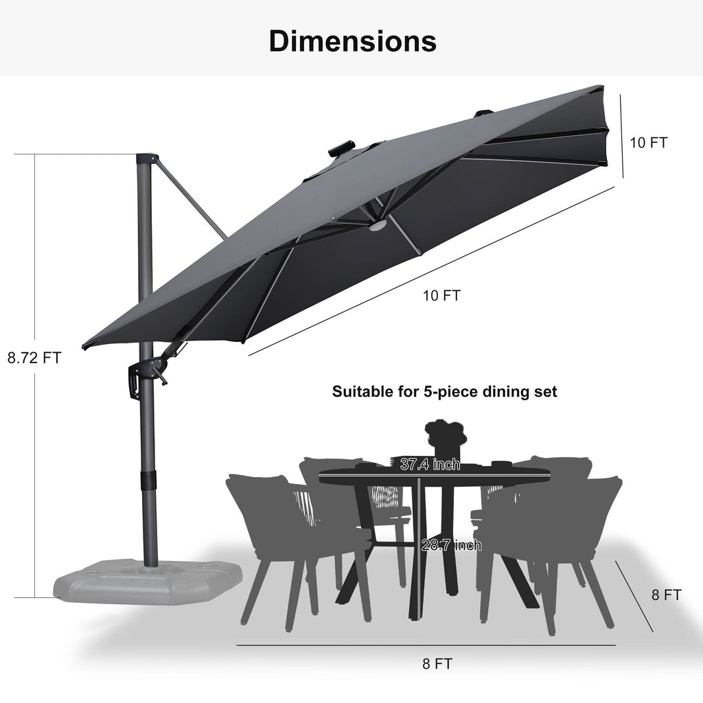 PURPLE LEAF – Parasol de terrasse déporté 10ft avec éclairage LED, rotation 360° et inclinaison