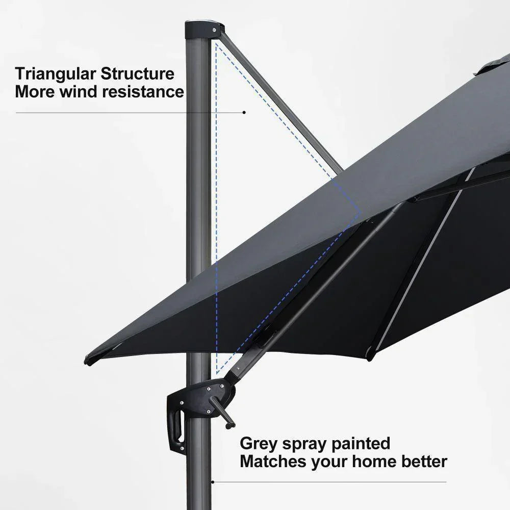 PURPLE LEAF – Parasol de terrasse déporté 10ft avec éclairage LED, rotation 360° et inclinaison