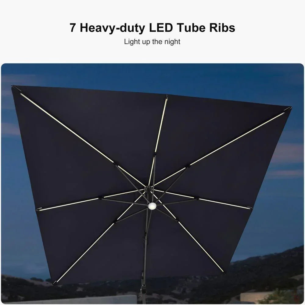 PURPLE LEAF – Parasol de terrasse déporté 10ft avec éclairage LED, rotation 360° et inclinaison