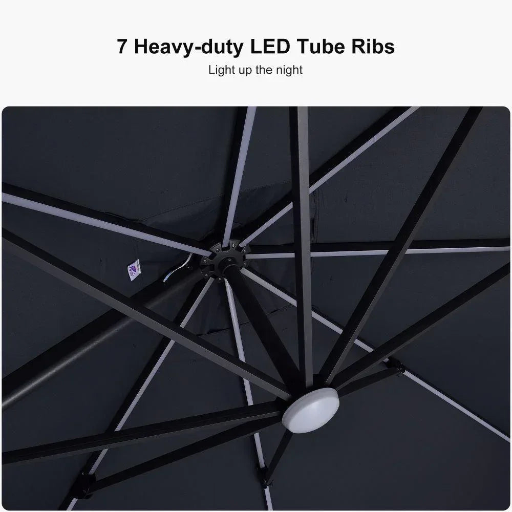 PURPLE LEAF – Parasol de terrasse déporté 10ft avec éclairage LED, rotation 360° et inclinaison