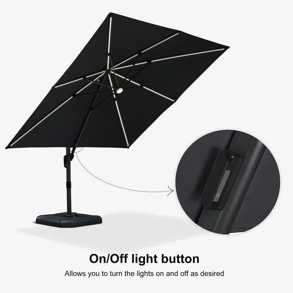 PURPLE LEAF – Parasol de terrasse déporté 10ft avec éclairage LED, rotation 360° et inclinaison