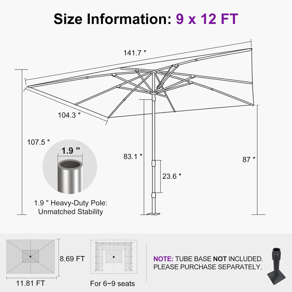 PURPLE LEAF Semi-Auto Extra Large Patio Umbrella Premium Commercial Market Umbrella for Garden, Café and Hotel