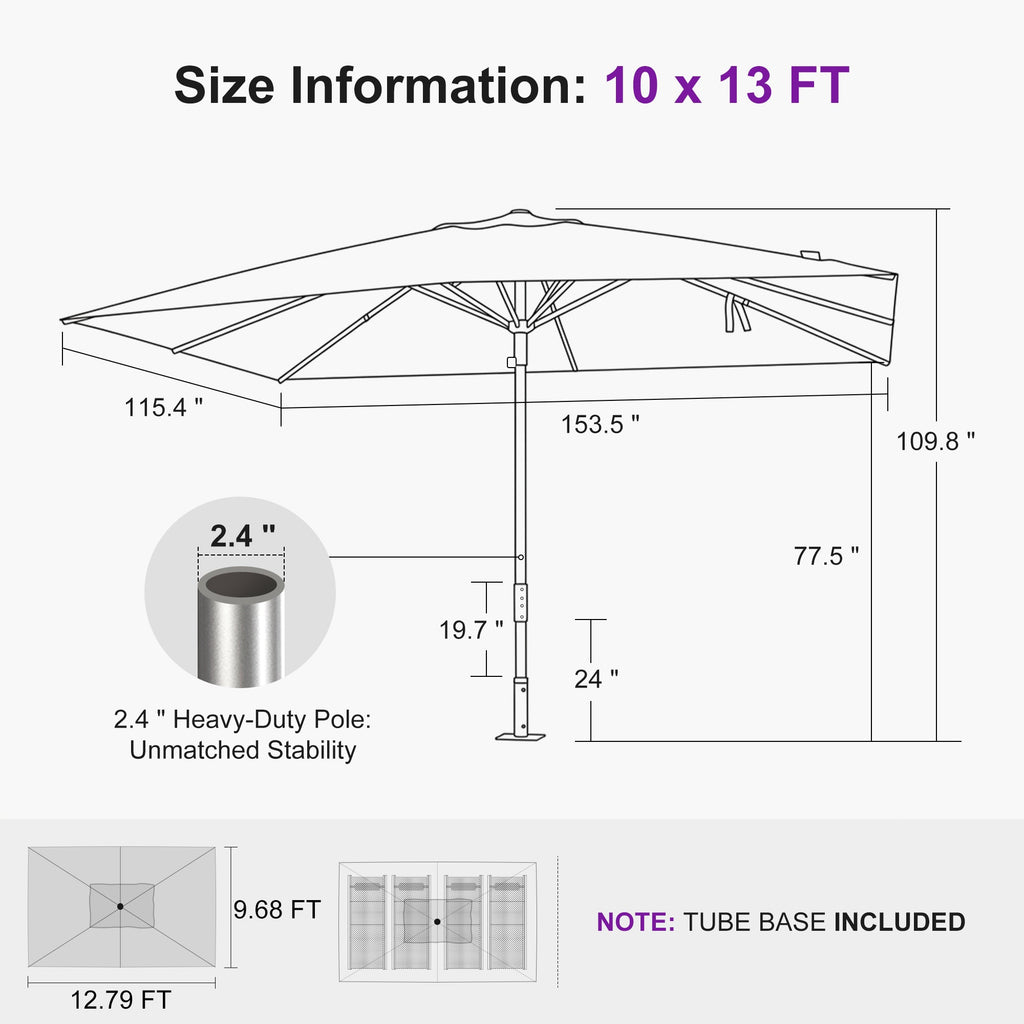 PURPLE LEAF Semi-Auto Extra Large Patio Umbrella Premium Commercial Market Umbrella for Garden, Café and Hotel