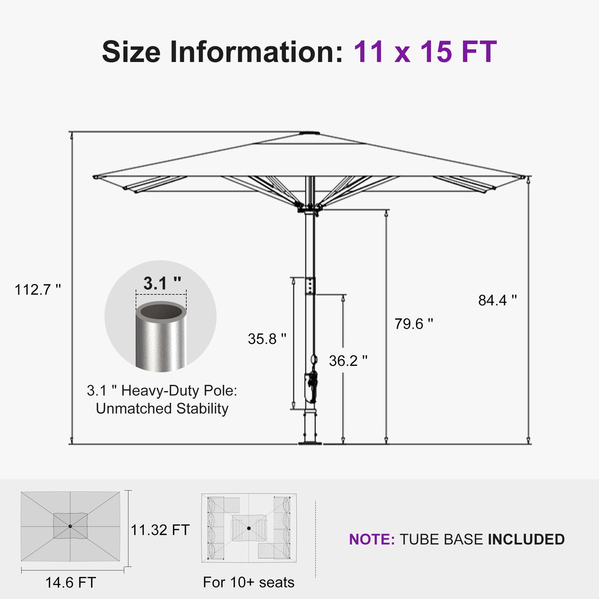 PURPLE LEAF Semi-Auto Extra Large Patio Umbrella Premium Commercial Market Umbrella for Garden, Café and Hotel