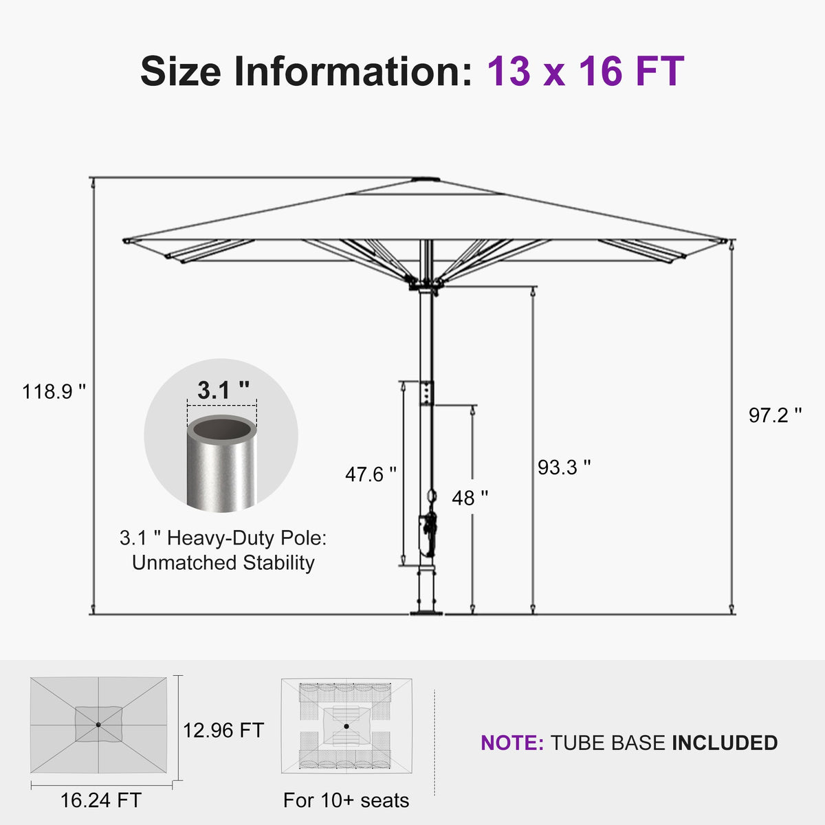 PURPLE LEAF Semi-Auto Extra Large Patio Umbrella Premium Commercial Market Umbrella for Garden, Café and Hotel