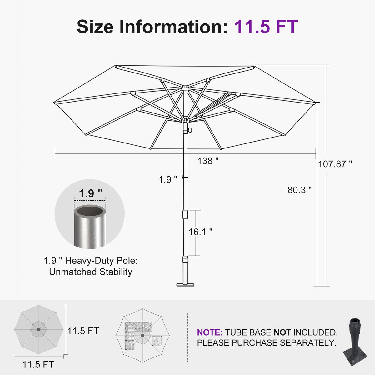 PURPLE LEAF Semi-Auto Extra Large Patio Umbrella Premium Commercial Market Umbrella for Garden, Café and Hotel