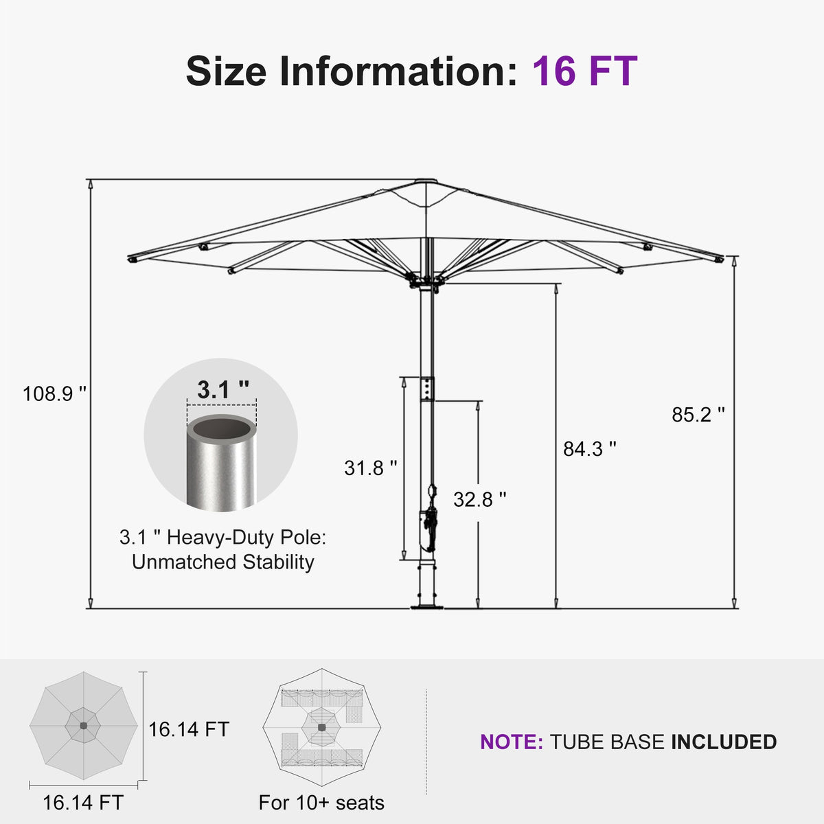 PURPLE LEAF Semi-Auto Extra Large Patio Umbrella Premium Commercial Market Umbrella for Garden, Café and Hotel