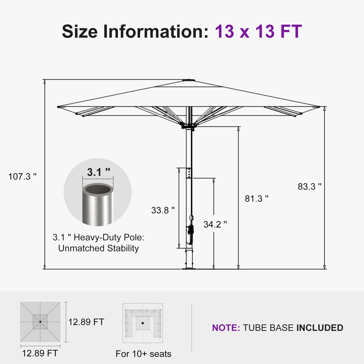 PURPLE LEAF Semi-Auto Extra Large Patio Umbrella Premium Commercial Market Umbrella for Garden, Café and Hotel