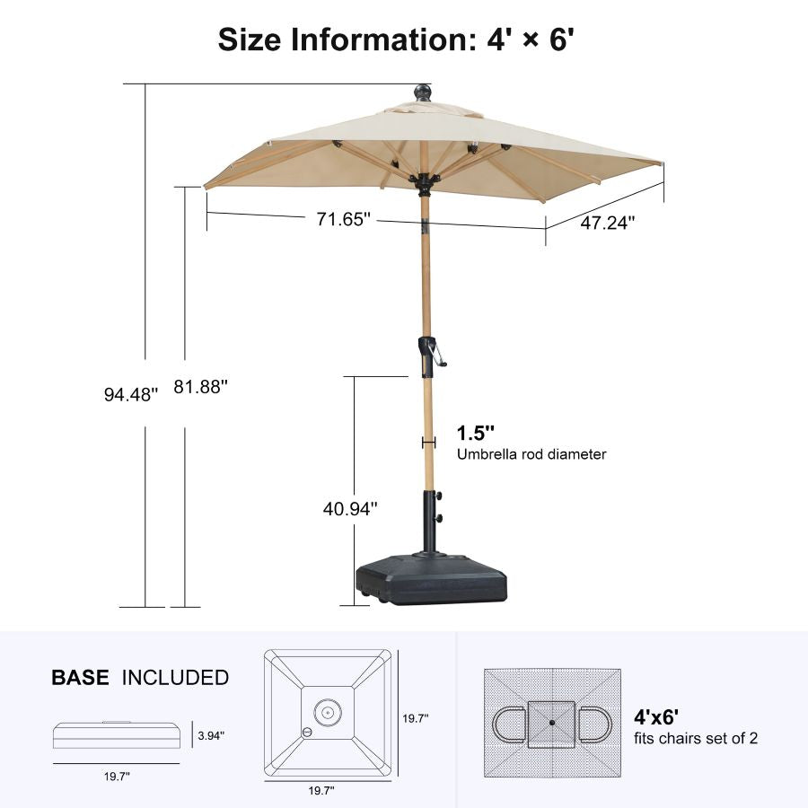 PURPLE LEAF Wood Pattern Tilting Patio Table Umbrella with Base, Outdoor Market Umbrella