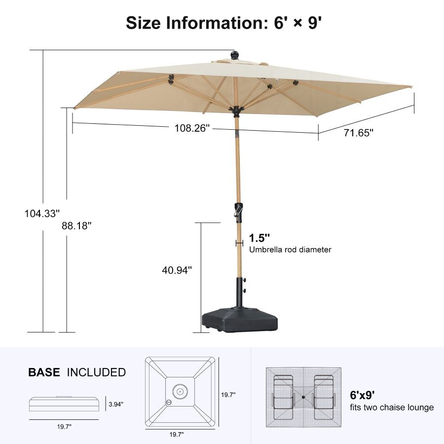 PURPLE LEAF Wood Pattern Tilting Patio Table Umbrella with Base, Outdoor Market Umbrella