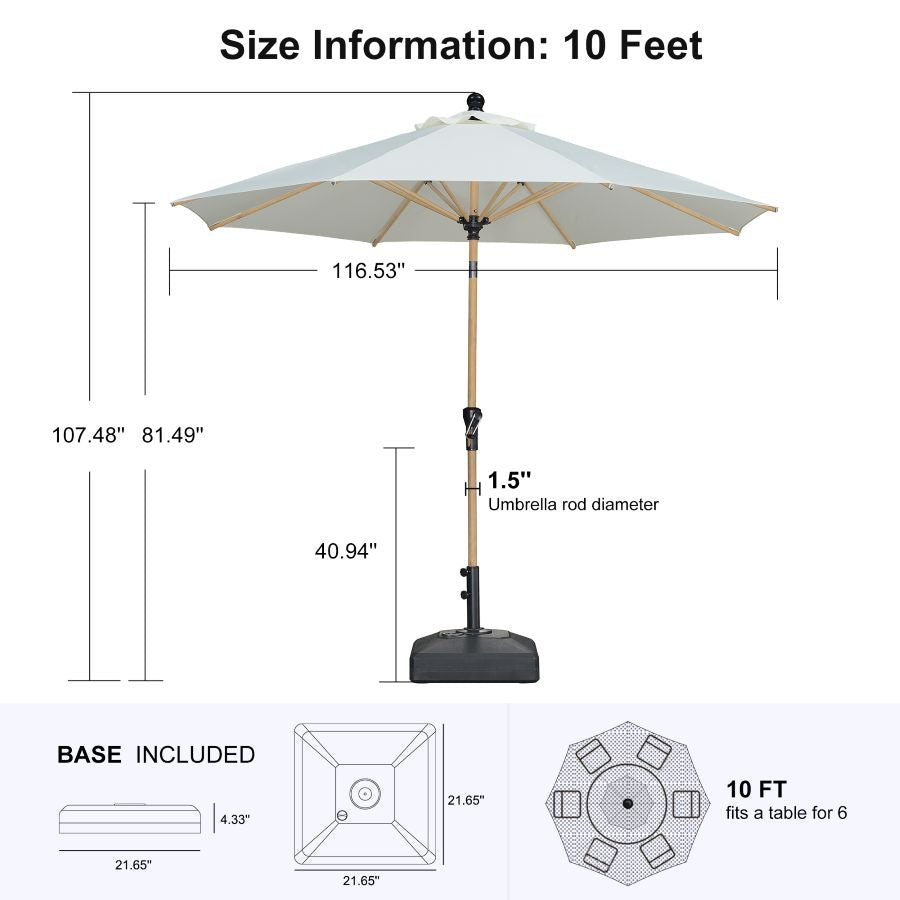 PURPLE LEAF Wood Pattern Tilting Patio Table Umbrella with Base, Outdoor Market Umbrella