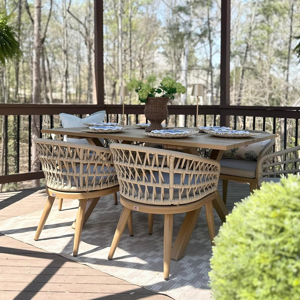 PURPLE LEAF Modern Outdoor Dining Table with 6/8/10 Seats, All-Weather Aluminum Table and Rattan Chairs with Cushions, Champagne