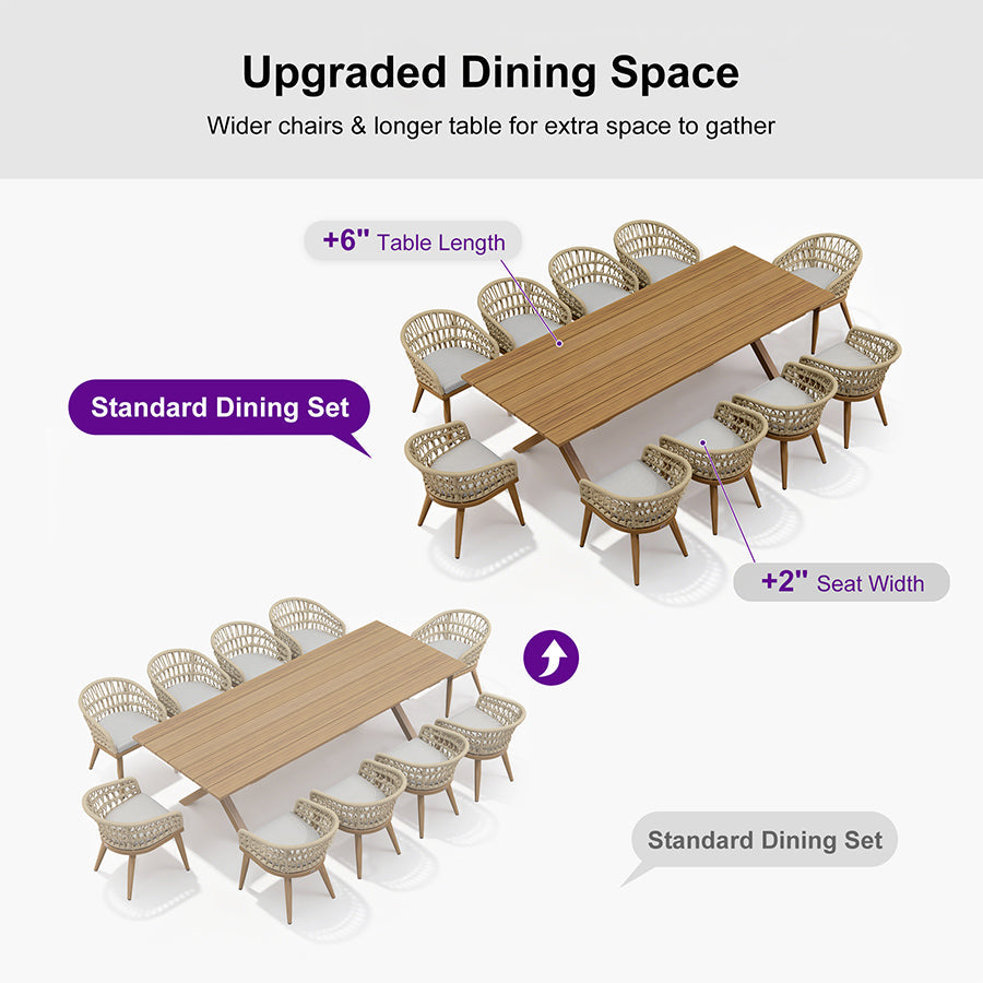 PURPLE LEAF Modern Outdoor Dining Table with 6/8/10 Seats, All-Weather Aluminum Table and Rattan Chairs with Cushions, Champagne