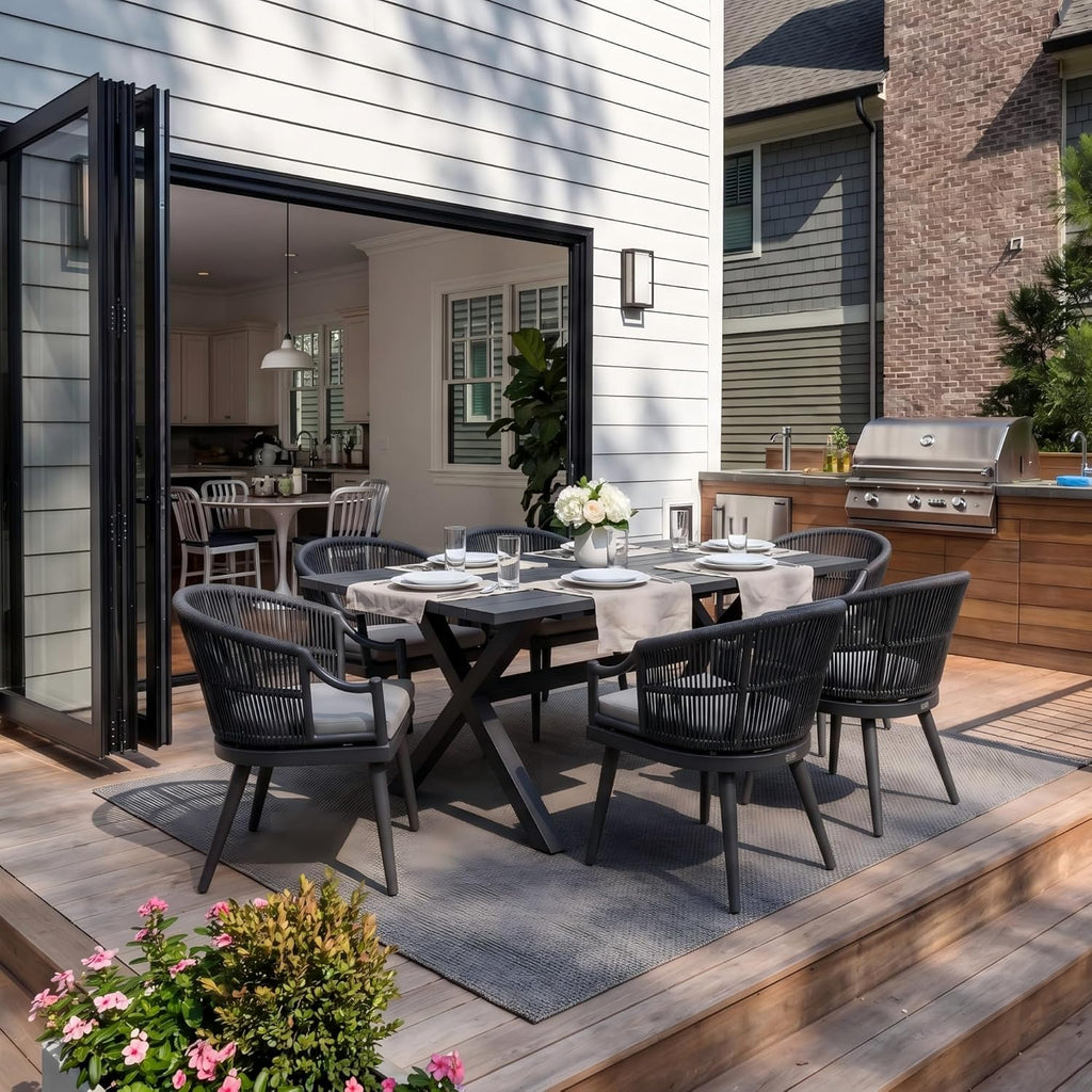 PURPLE LEAF Outdoor Dining Set All Weather Wicker Patio Dining Set with Rectangular Aluminum Table and Modern Armrest Dining Chairs for Garden Deck Backyard Kitchen