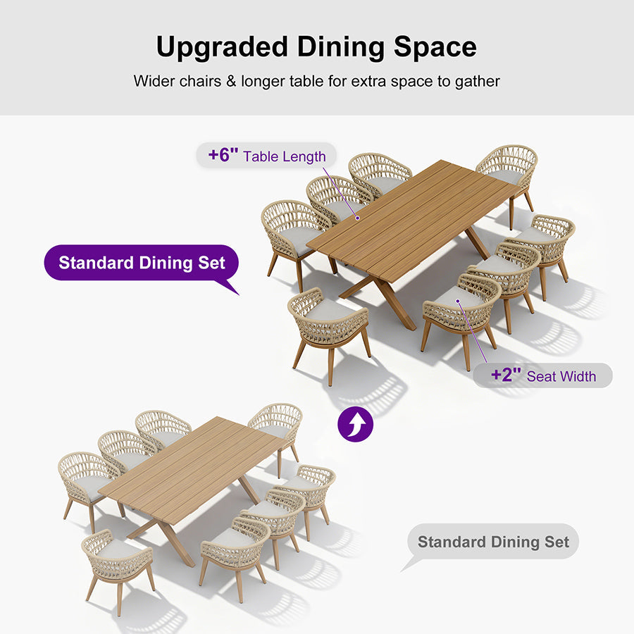 PURPLE LEAF Modern Outdoor Dining Table with 6/8/10 Seats, All-Weather Aluminum Table and Rattan Chairs with Cushions, Champagne