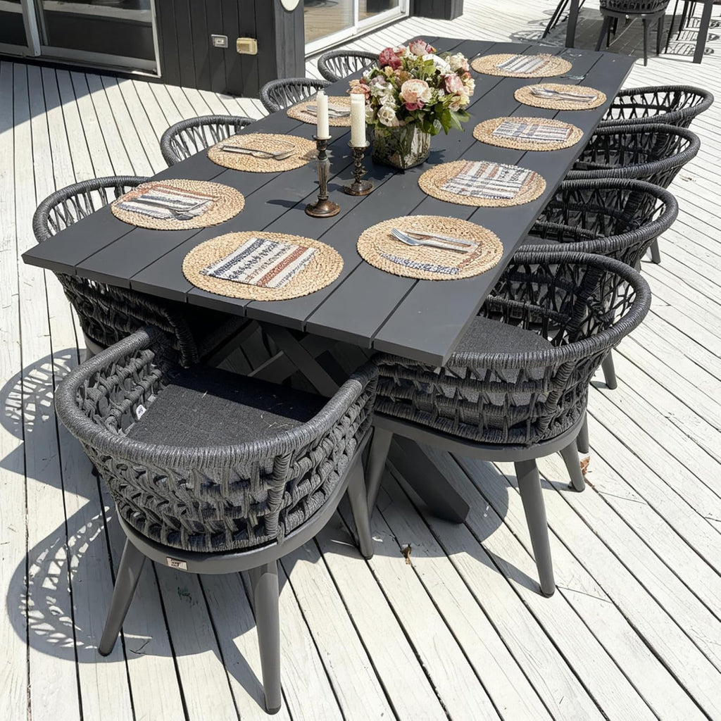 PURPLE LEAF Modern Outdoor Dining Table with 6/8/10 Seats, All-Weather Aluminum Table and Rattan Chairs with Cushions, Champagne