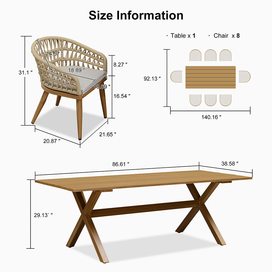 PURPLE LEAF Modern Outdoor Dining Table with 6/8/10 Seats, All-Weather Aluminum Table and Rattan Chairs with Cushions, Champagne