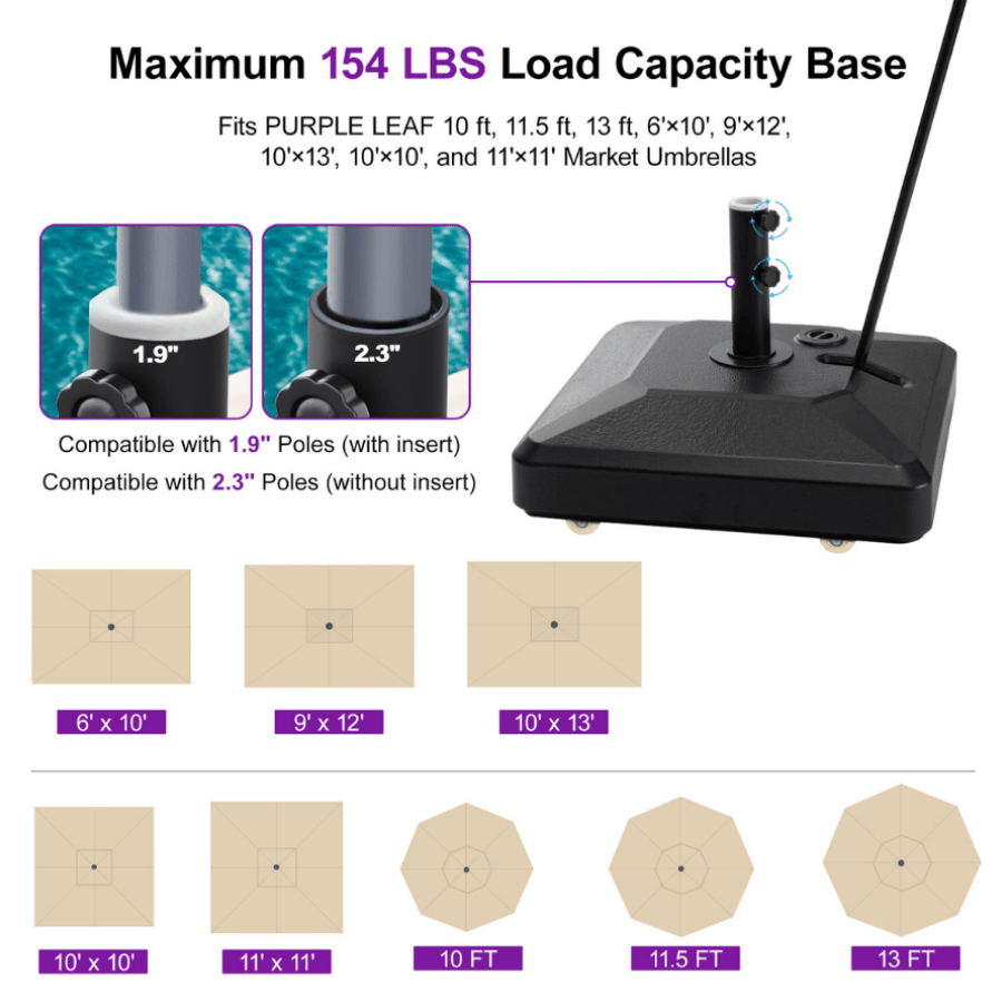 PURPLE LEAF Pull-to-Roll Wheeled Weighted Stand, 154 lbs Heavy-Duty Base for Outdoor Patio Market Umbrellas