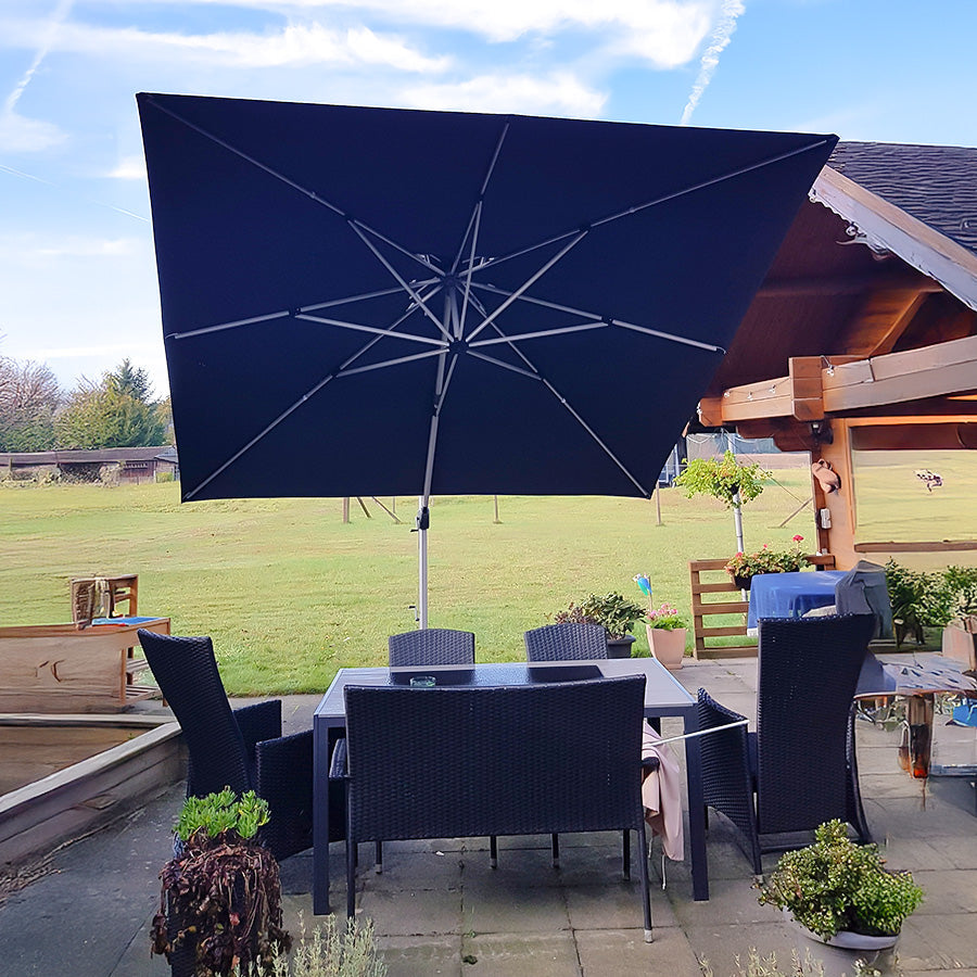 PURPLE LEAF – Grand parasol déporté carré de terrasse avec base pour jardin, piscine et porche