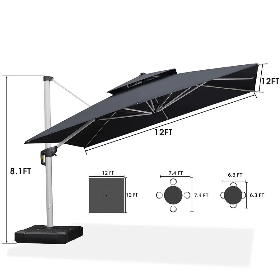 PURPLE LEAF – Grand parasol déporté carré de terrasse avec base pour jardin, piscine et porche