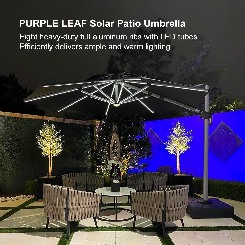 PURPLE LEAF Round Cantilever Umbrella with Base, Outdoor Umbrellas with Lights