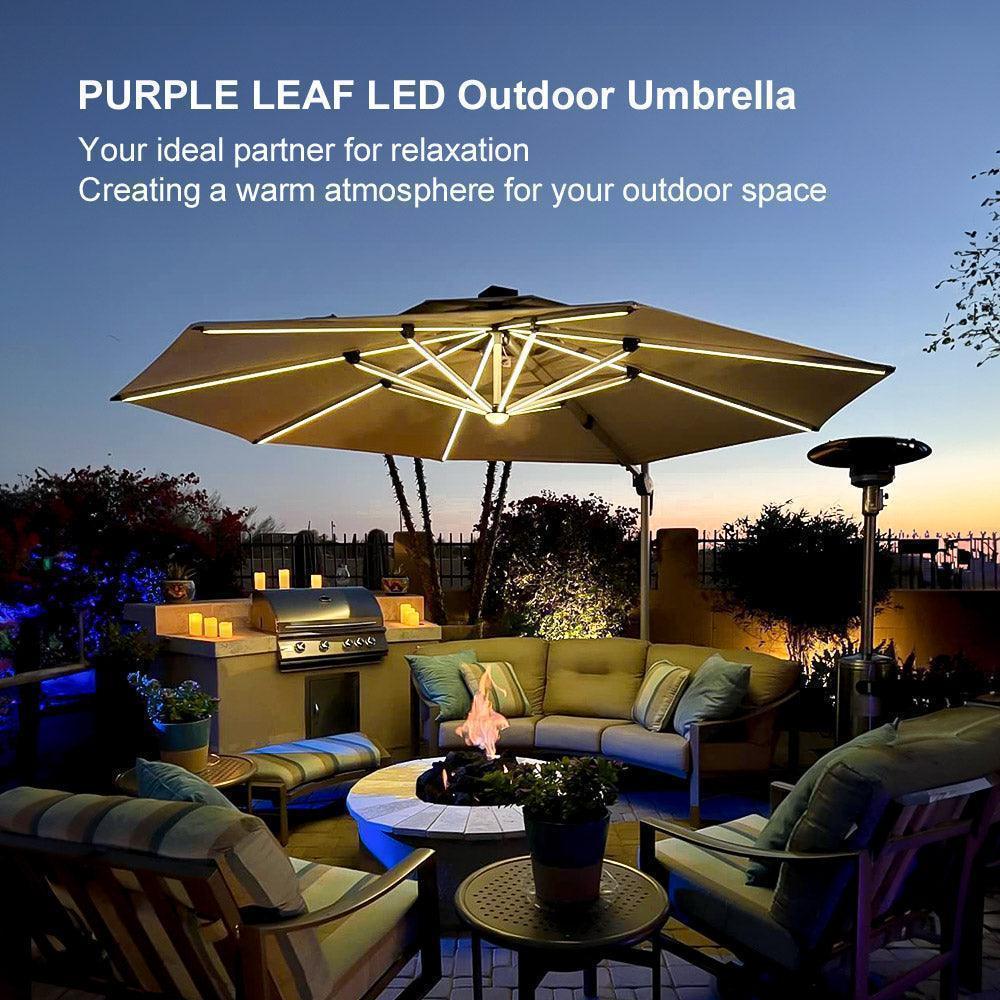 PURPLE LEAF Round Cantilever Umbrella with Base, Outdoor Umbrellas with Lights
