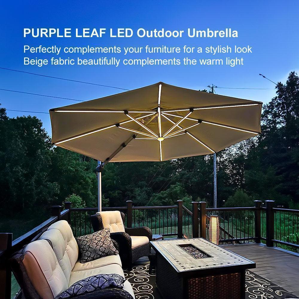 PURPLE LEAF Round Cantilever Umbrella with Base, Outdoor Umbrellas with Lights