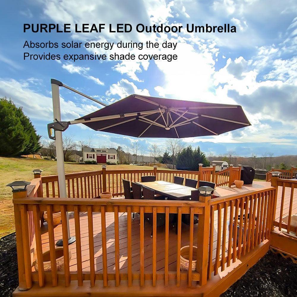 PURPLE LEAF Round Cantilever Umbrella with Base, Outdoor Umbrellas with Lights