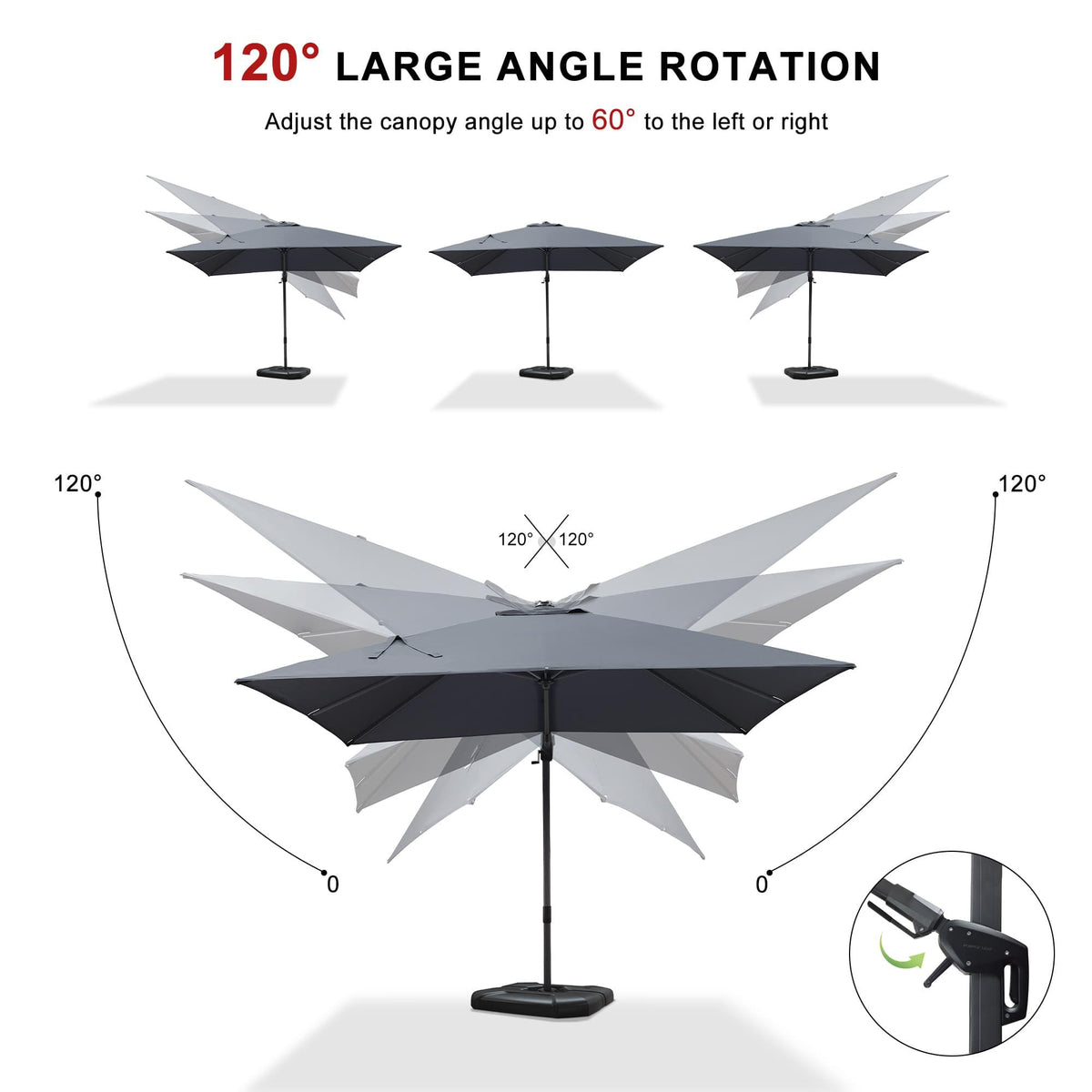 PURPLE LEAF – Parasol de terrasse déporté 10ft avec éclairage LED, rotation 360° et inclinaison