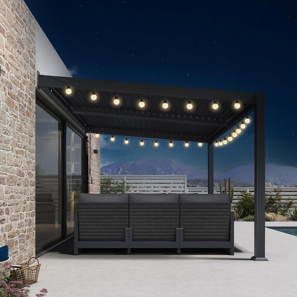 PURPLE LEAF Caesar Wall Mounted Louvered Pergola with LED String Lights, All-Aluminum Patio Cover with Adjustable Roof, Hidden Gutter Drainage, Lean-to Pergola for Deck, Backyard, Porch, Dark Gray