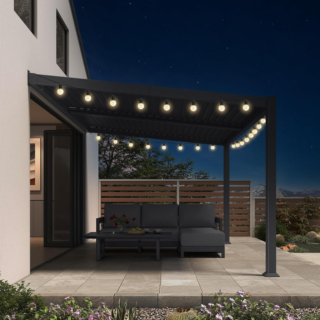 PURPLE LEAF Caesar Wall Mounted Louvered Pergola with LED String Lights, All-Aluminum Patio Cover with Adjustable Roof, Hidden Gutter Drainage, Lean-to Pergola for Deck, Backyard, Porch, Dark Gray
