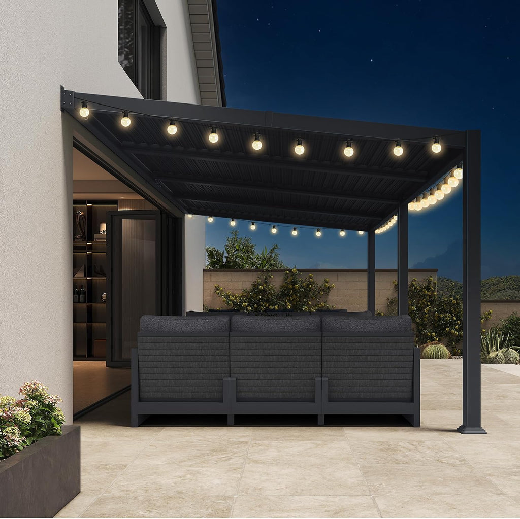 PURPLE LEAF Caesar Wall Mounted Louvered Pergola with LED String Lights, All-Aluminum Patio Cover with Adjustable Roof, Hidden Gutter Drainage, Lean-to Pergola for Deck, Backyard, Porch, Dark Gray