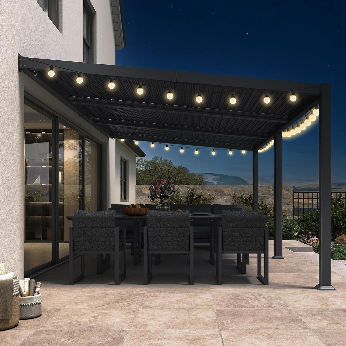 PURPLE LEAF Caesar Wall Mounted Louvered Pergola with LED String Lights, All-Aluminum Patio Cover with Adjustable Roof, Hidden Gutter Drainage, Lean-to Pergola for Deck, Backyard, Porch, Dark Gray