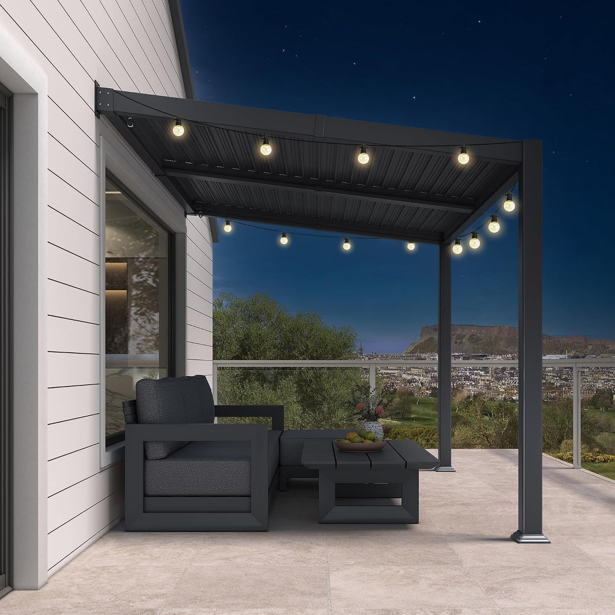PURPLE LEAF Caesar Wall Mounted Louvered Pergola with LED String Lights, All-Aluminum Patio Cover with Adjustable Roof, Hidden Gutter Drainage, Lean-to Pergola for Deck, Backyard, Porch, Dark Gray