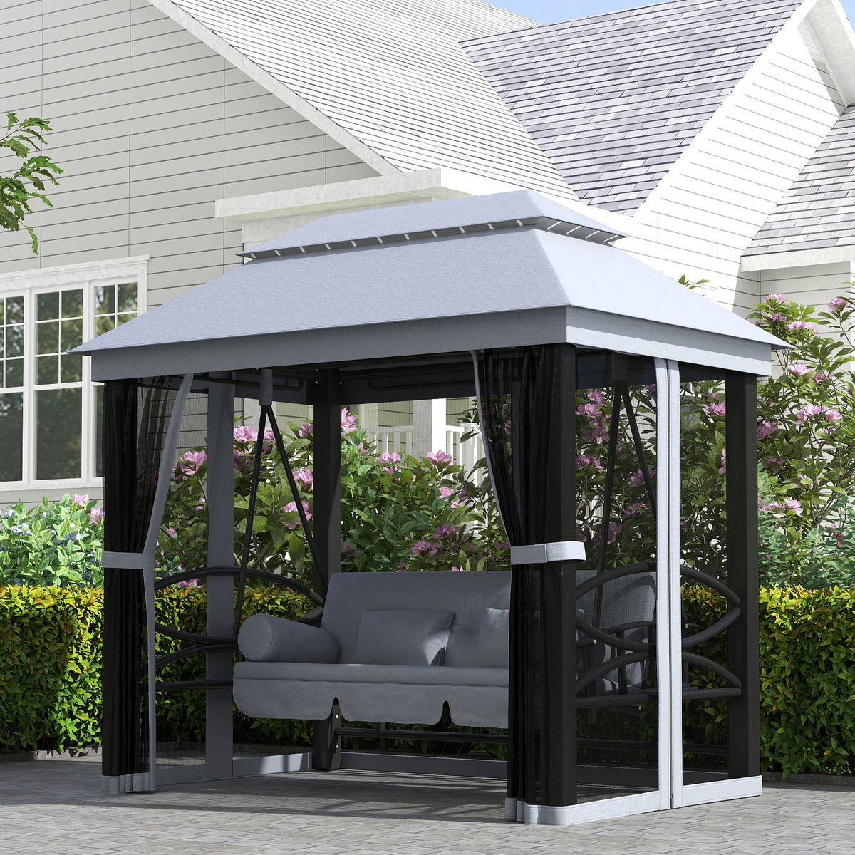 3-Seat Patio Swing Chair with Mesh Sidewalls, Gray