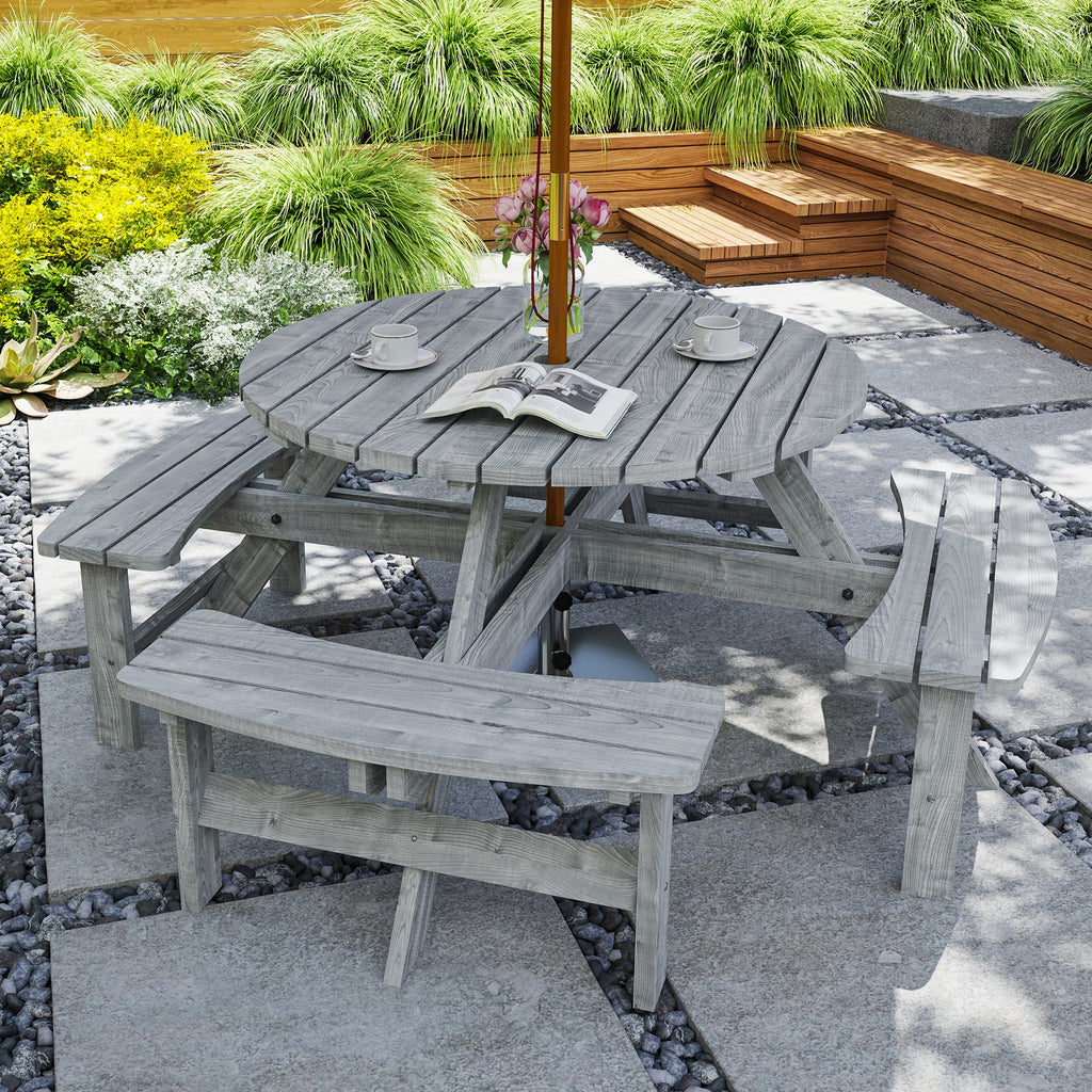 Wooden Patio Dining Set for 8 with Round Table and 4 Benches, Grey